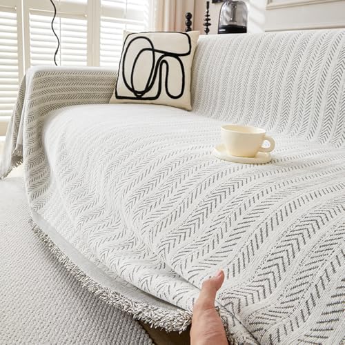 Chenille Sofa Cover - Cat-Proof & Anti-Scratch Couch Protector Slipcover with Tassels | Universal Fit for 1 2 3 4 Seater L U Sofas | Simple Modern Solid Colour Sofa Throw (Grey 130 * 180cm)