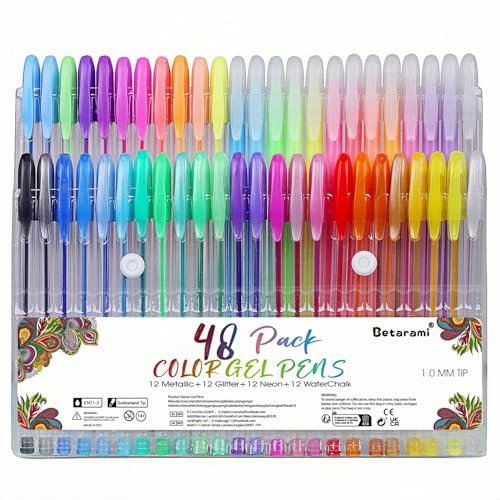 Betarami Juego de 48 bolígrafos de gel multicolor Adulto, 12 purpurina, 12 metálicos, 12 neón, 12 tiza acuosa, bolígrafos de gel de 1,0 mm para Adulto suministros de artistas, libros para colorear