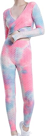 Womens Tie Dye Crossover Long-Sleeve Workout Sets 2 Pieces Seamless High Waist Yoga Leggings with Sports Bra