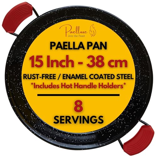 Paelluxe Paellera Sarten de 15 pulgadas, 8 porciones, esmaltada, no se oxida, fácil de limpiar, para quemadores de gas propano para cocinar, paellera grande, sartén de cocina para interiores y