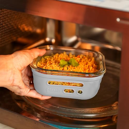 Image of GLASAFE Borosilicate Glass Lunch Box for Office w /t Air-Tight lid & Protective Silicone Sleeve | Tiffin Box for Men & Woman | Microwave & Dishwasher Safe | Leakproof Design | Set of 2-320ml (Grey)
