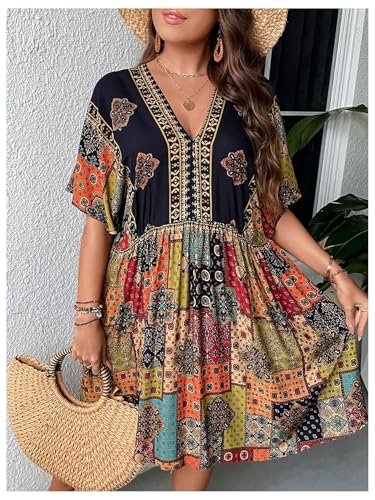 MakeMeChic Women's Plus Size Boho Dress Half Sleeve Flowy Sundress V Neck Summer Short Dresses4