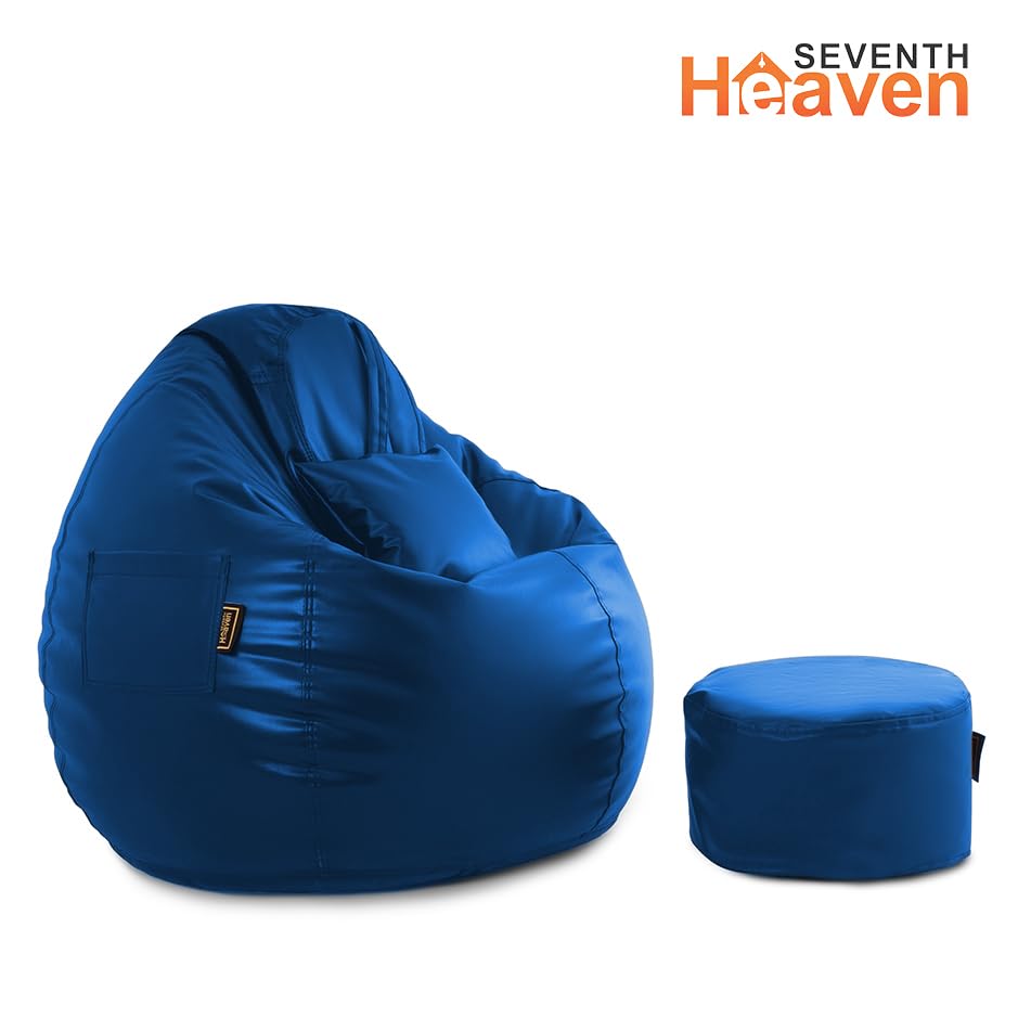 Image of Seventh Heaven 3XL Bean Bag Cover with Footrest and Cushion (Without Beans) | Premium Scratch Resistant Leatherette | (Leatherette Fabric - Royal Blue)