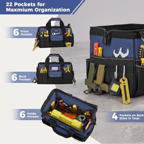 Image of 16-Inch Heavy Duty Tool Bag, 22 Pockets Empty Tool Box Organizer Storage, Soft Large Tote Toolbox Organization Portable Handle Carry Drill Toolbag for Handyman Home DIYer, Dad Men Gifts, Blue