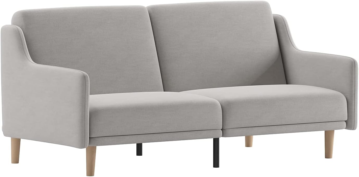 Flash Furniture Delphine Convertible Split Back Sofa Futon - Gray Faux Linen Upholstery - Solid Wood Legs - Curved Armrests - Sleeper Couch for Small Spaces