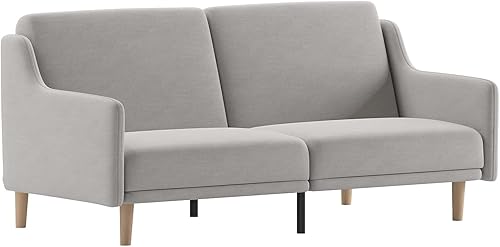 Flash Furniture Delphine Futón convertible con respaldo dividido, tapicería de lino sintético gris, patas de madera maciza, reposabrazos curvados,