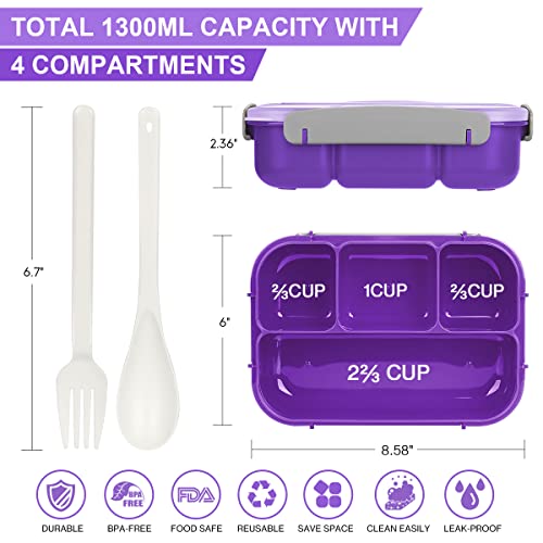Xianke 27Pcs Bento Box Lunch Box Kit Purple, 1300Ml Lunch Container For Kids/Adults, Durable Leak-Proof Box 4 Compartments With Spoon Fork Bag Accessories, Microwave Dishwasher Freezer Safe,Bpa-Free #TOP1