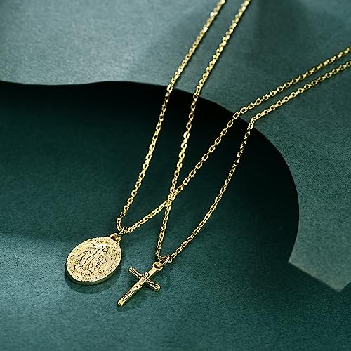AllenCOCO Gold Cross Necklaces for Women, Crucifix Necklaces, Dainty Virgin Mary Necklace, Virgen de Guadalupe, Layered Pendants Chain Non Tarnish3