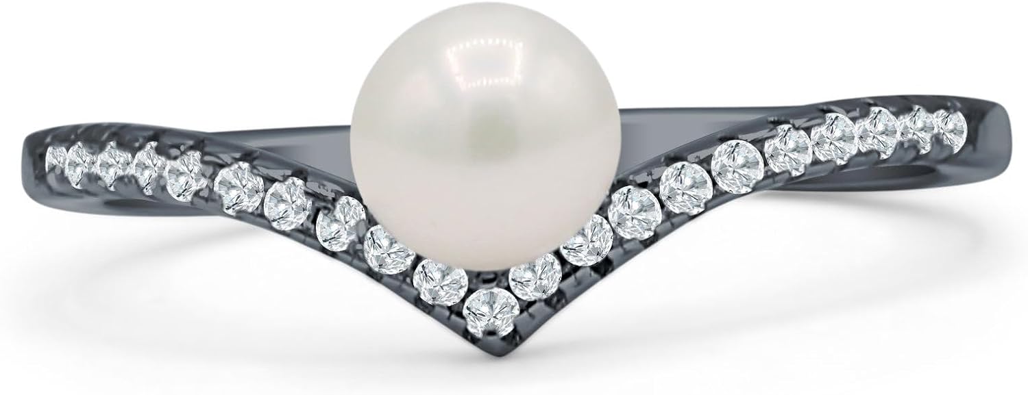 OMRANII Minimalist 7.4mm Round Pearl & Cubic Zirconia Curved Contour Chevron Ring Modern Vintage Style Wedding Bands For Women 925 Sterling Silver Birthday Gift For Her