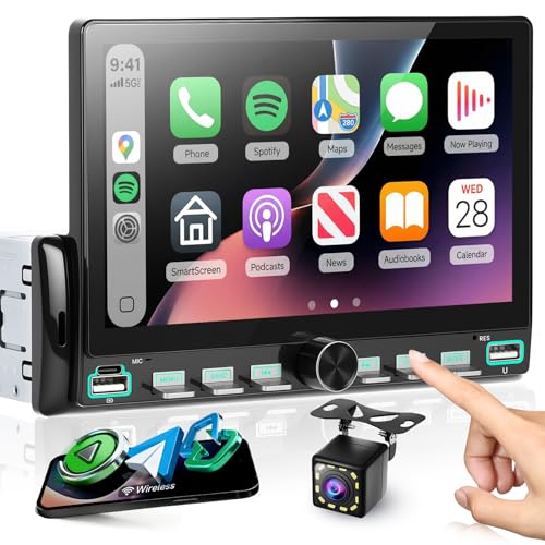 Image of Single Din Car Stereo with USB/Type-C Piano Key Youtube, Hodozzy 7" HD IPS Touchscreen Single Din Radio with Wireless Carplay Android Auto Bluetooth EQ Mirrorlink FM SWC Reverse Camera