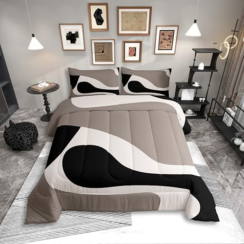Erosebridal Black Beige Striped Comforter Set Queen Size,Boho Modern Geometric Abstract Bedding for Women Men Adults, Stripes Bold Lines Quilt,Minimalist Stylish Art Bedding Comforter Sets