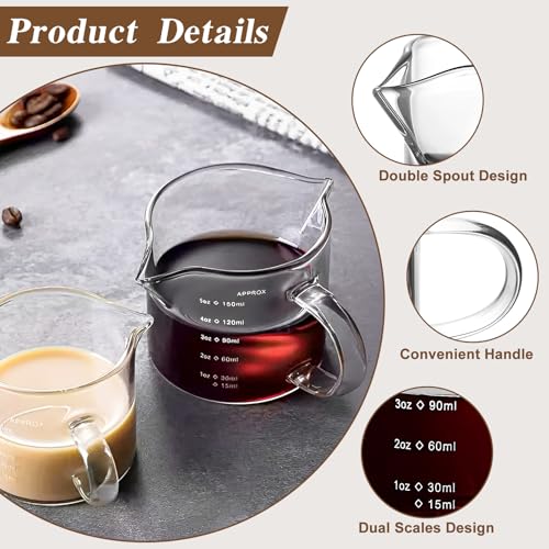 WATUNID 4 filiżanek do espresso ze szczotką, 75/150 ml, kubek z miarką, szklany z podwójnym dziobkiem i skalą, uchwytna