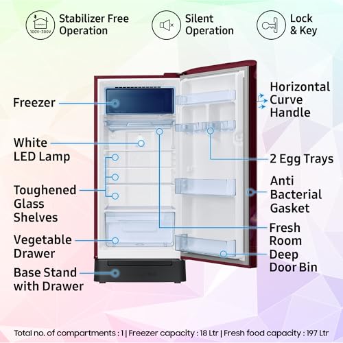 Image of Samsung 215 L, 4 Star, Digital Inverter, Direct-Cool Single Door Refrigerator (RR23H2H34BR /HL, Begonia Red, Base Stand Drawer, Single Touch Defrost, 2026 Model)