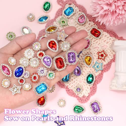 150 Pcs Mixed Sew on Rhinestones Pearls, Crystal Glass with Metal Base Flower Shape Claw Flatback Rhinestone Pearls for Crafting, Rhinestones Pearl for Clothes Shoes Hats Bags & Sewing Accessories - Thumbnail 4