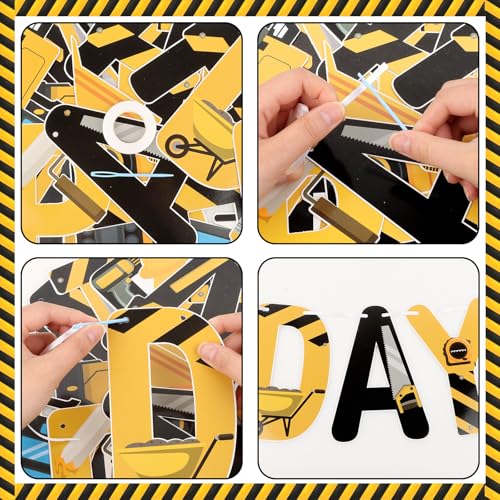 Image of Hooqict Happy Birthday Banner Construction Birthday Party Supplies for Kids Boys 1st 2nd 3rd Construction Party Banner Garland Decorations Excavator Dump Truck Tractor Sign