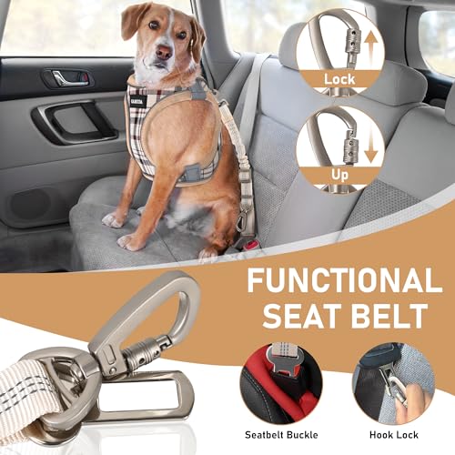 GAMUDA Dog Harness, Collar and Seat Belt Set, Vehicle Safety Harness, Retractable Adjustable Pet Seatbelts with Travel Strap and Carabiner for Most Cars (Beige, XXS) - Thumbnail 6