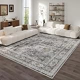 Rugcomf 8x10 Rug Washable Boho Rug Soft Large Area Rug Non-Slip Non-Shedding Faux Wool Vintage Rug for Living Room, Farmhouse, Dining Room, Indoor, Kids Playroom (Grey and Brown)