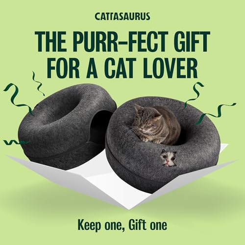 Image of Cattasaurus Peekaboo Cat Cave Donut for Multiple & Large Cats up to 30-45 lbs, 3-in-1 Self Warming Cat Bed, Tunnel & Scratcher for Indoor Cats, Washable & Detachable (Dark Gray + Dark Gray, Large)