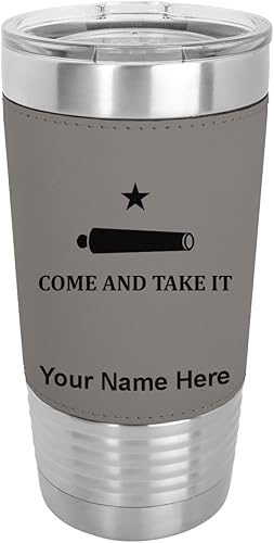 Miniatura 1 de LaserGram Vaso aislado al vacío de 20 onzas bandera Texas Come and Take It Flag grabado personalizado incluido piel sintética gris