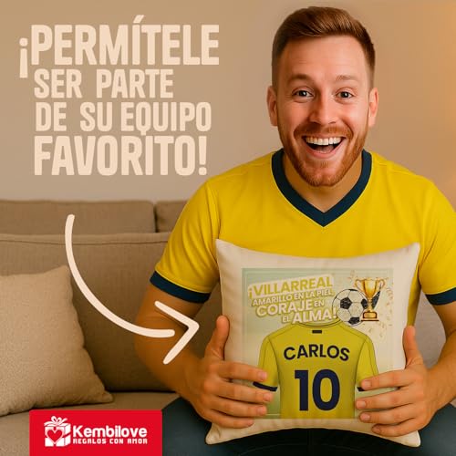Kembilove® Cojín de Fútbol Personalizado Villarreal con Nombre y Número | Almohada Decorativa Amarilla | Regalo Original para Aficionados y Niños