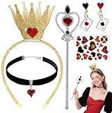 Voiiake Hearts Queen Costume Accessories Women Set, 5PCS- Hearts Crown, Red Heart Necklace, Earrings, Wand...