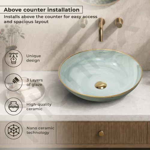 Image of Plantex Wash Basin /Ceramic Table Top Wash Basin /Designer Countertop Basin for Bathroom /Restaurants /Hotel (Mint green & Gold - 16.5 x 16.5 x 4 Inch)