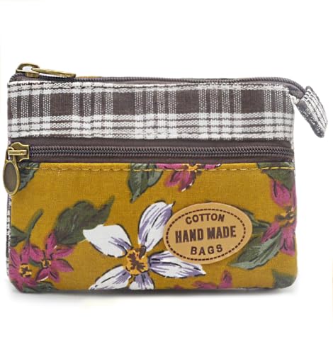 Image of Women Small Zipper Coin Purse, Handmade Fabric Flower Embroidered Change Pouch, Cotton Double Zipper Wallet