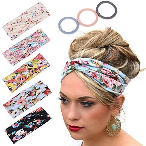 Headbands for Women Workout Cute Knotted Criss Cross Hairbands Printed Stretchy Hair Accessories 5 Pack