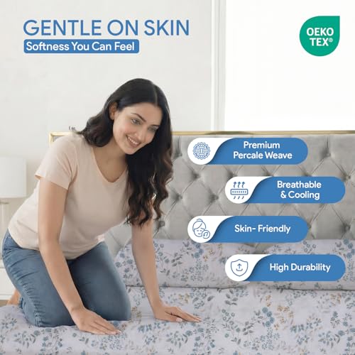 Image of LINENWALAS 100% Cotton Flat Bed Sheet for Double Size Bed | Super Soft, Breathable, Oeko-TEX Certified 300 TC | Premium Hotel Class Floral Bedsheet with 2 Pillow Cover (90x100 Inches, Skylet Breeze)