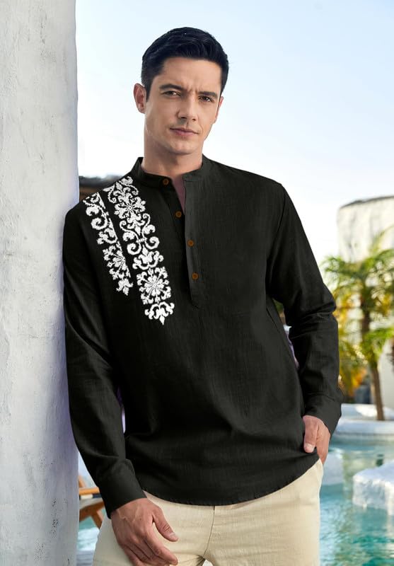 Image of Macsivo Cotton Blend Solid Casual Short Kurta for Men Long Sleeve Mandarin Collar Stylish Shirt Kurta for Men