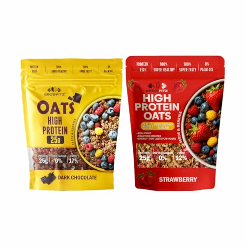 Image of GrowFitz 25g High Protein Oats 800 Gram, Pack of 2 | Chocolate & Strawberry Flavor Combo Breakfast Oatmeal | 17g High Fiber, Almonds, Raisin, Pumpkin, Chia Seeds, Super Rolled Oats | No Added Sugar