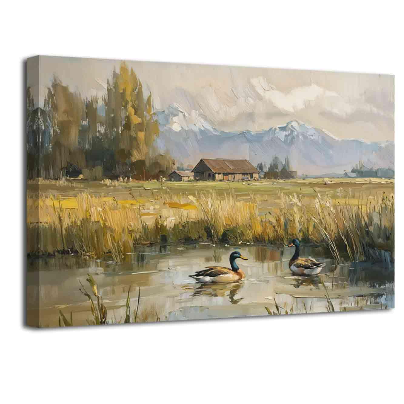 ZXHYWYM Mallard Duck Wall Art Vintage Animal Pictures Farmhouse Countryside Landscape Canvas Painting Duck in Pond Poster Prints Rustic Cabin Wall Decor (50L x 75W cm)