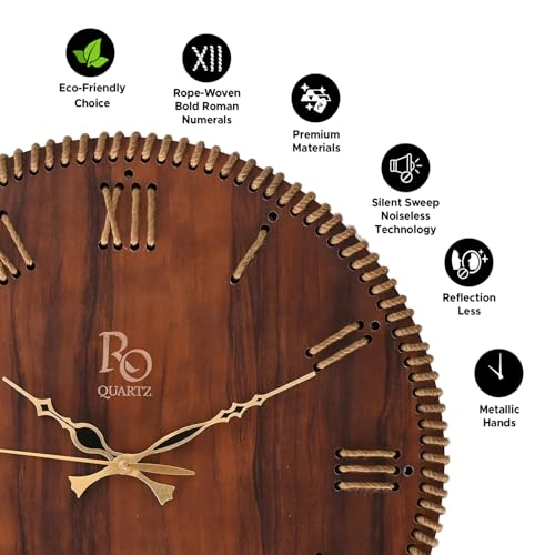 Image of Wooden Round Shape Roman Dial Wall Clock with Brown Jute Detailing & Golden Hands | Silent Quartz Movement, Anti-Glare Finish Analog Vintage Clock for Home & Office (Brown, 15.5 Inch)