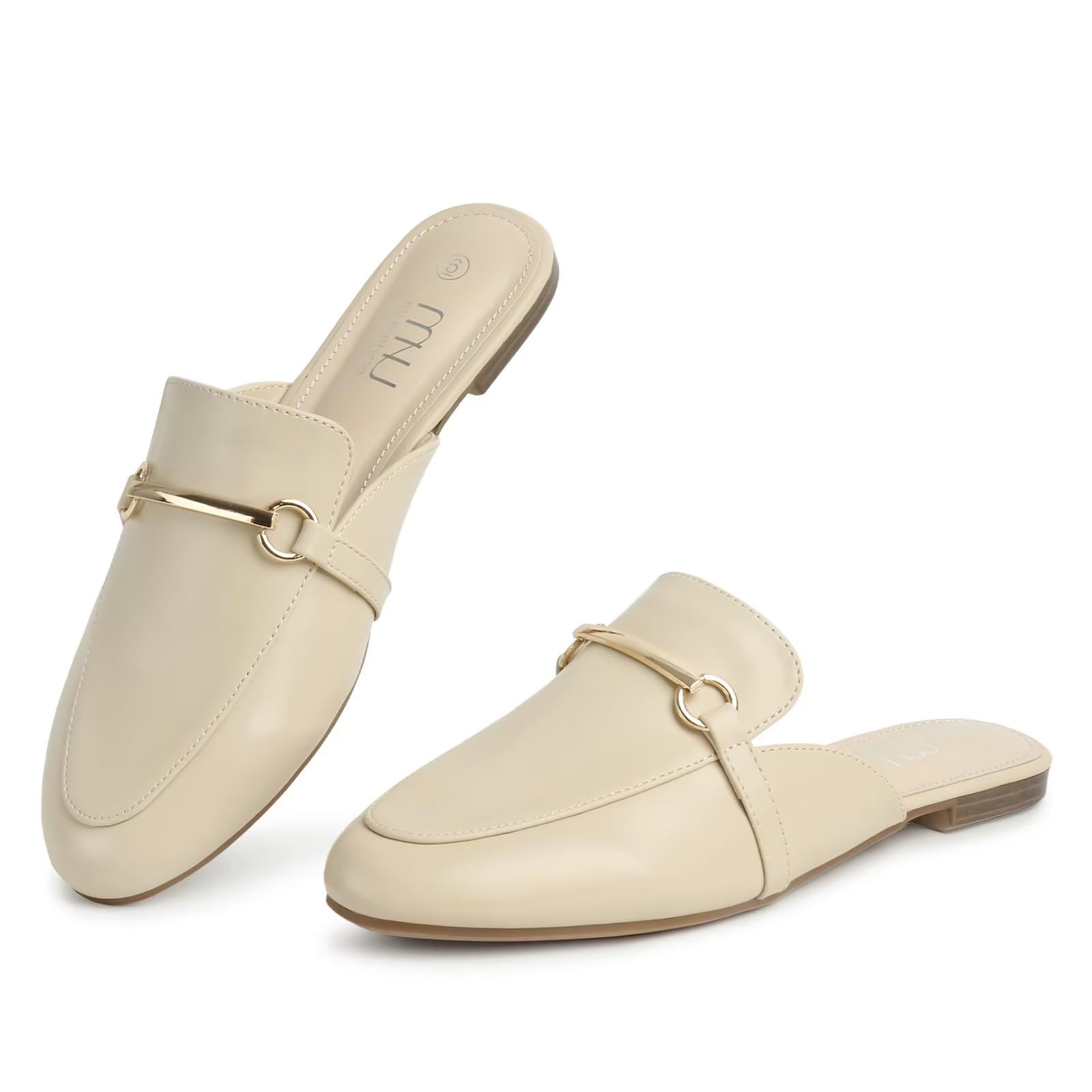 MUSSHOE Mules for Woman Buckle Flats Comfortable Slip on Women Mules Flats Shoes Backless Loafers