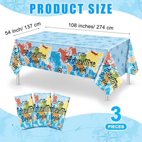 Image of Frienda 3 Pcs Adventure Awaits Tablecloth Travel Party Decorations Bon Voyage World Map Table Cloth Plastic Disposable Table Cover for Baby Shower Birthday Party Supplies, 108 x 54 Inch (Blue)