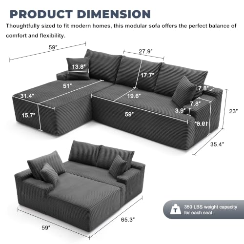 Image of Mangodan Cloud Sectional Couch, Boneless Sofa for Living Room, Fluffy Comfy Couch with Deep Seat, Modular Sectional Sofa with L-Shaped Chaise, No Assembly Required, Dark Grey