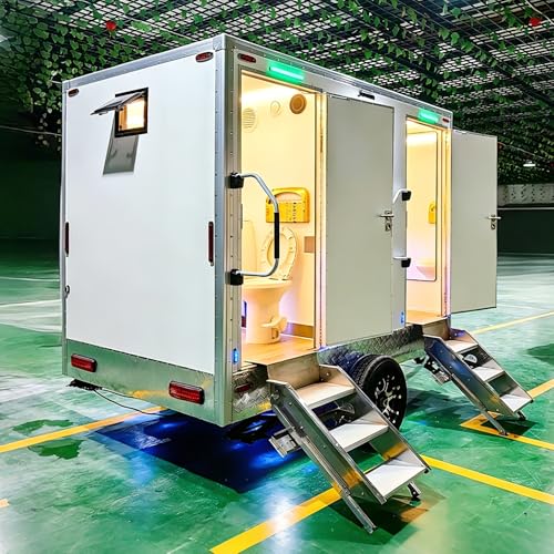 Luxury Portable Restroom Trailers for Sale, 2-Stall Mobile Bathroom Trailer with Sink Flush System Water Tank, Commercial Toilet Trailer for Wedding, Construction Sites, Camping&Outdoor Events