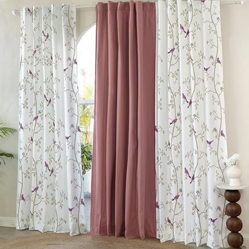 Image of Tranquebar Curtain Co. Window Curtains 5 Feet, 60-65% Room Darkening, Pink Bird Print,Cotton Curtains for Window,Cotton Curtains 5 Feet Set of 3,BackTab Loops,Design Yori Red combo (152 cm) - Set of 3