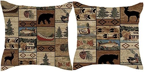 Jimrou Throw Pillow Cover 18x18inches Set of 2 Gifts Wood Cabin Wild Animals Bear Deer Paw Prints Forest Wildlife Cotton Linen Decorative Home Sofa Chair Car Square Throw Pillow Case Cushion Cover