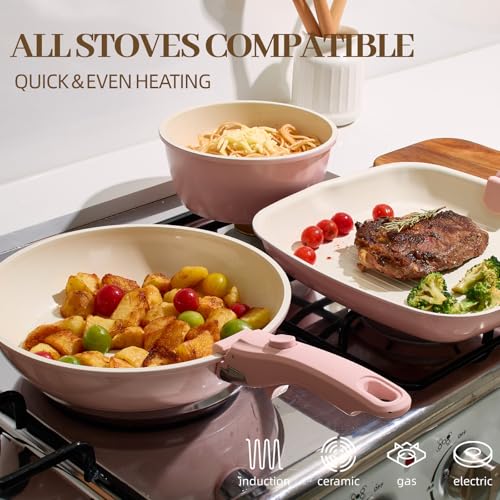 Image of Ceramic Cookware Set Non Stick 23Pcs Pots and Pans Set Non Toxic with Detachable Handle Induction Kitchen Cookware Set Space Saving, Oven & Dishwasher Safe, Pink