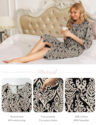 Image of Bloggerlove House Dress Women Cotton Snap Front Nightgown 3 /4 Sleeve Housecoat Duster Robe with Pockets Moomoo Patio Dress