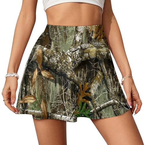 Autumn Hunting Tree Camo Pattern Women's Tennis Skirt High Waisted for Golf Workout Walking Casual Skorts