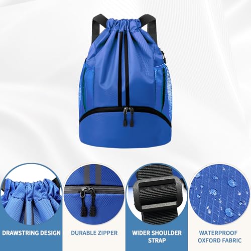 Image of JELUTAR Drawstring Backpack Gym Bag with Shoes Compartment, Blue | Water-Resistant String Backpack for Soccer, Basketball, Swim, Beach Cinch for Women Men, 18 L Large Capacity, Wet Pocket