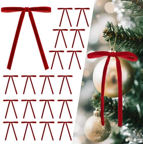 Amazon.com: ZyraGleam 24 Pcs Red Velvet Bows for Christmas Tree Decor ...