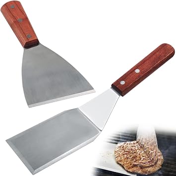 2 PCS Wood Handle Grill Spatula, lyfLux Stainless Steel Large Turner, Slant Edge Grill Scraper for Barbecue spatula, Hamburger Spatula, Cast Iron Skillet, Griddle Scraper Kitchen & Cooking Tools