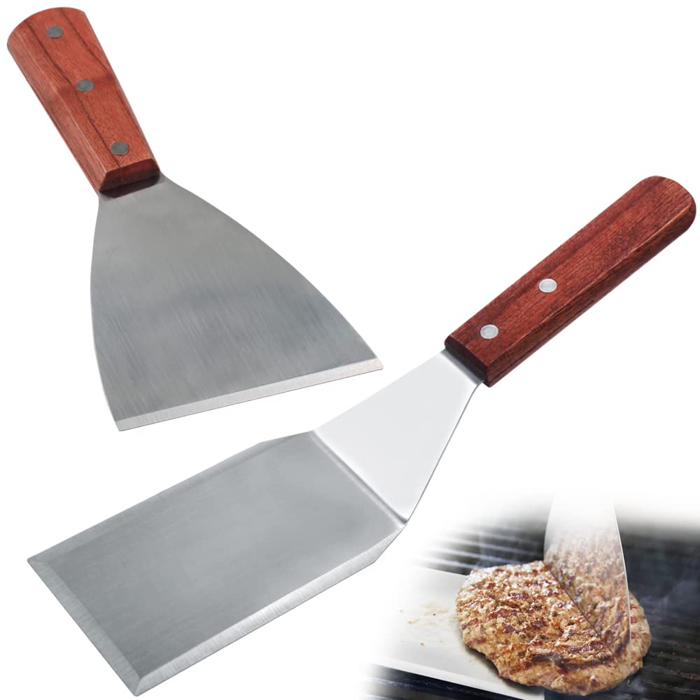 Spatule de barbecue inox premium avec grattoir à bord incliné et manche en bois noble