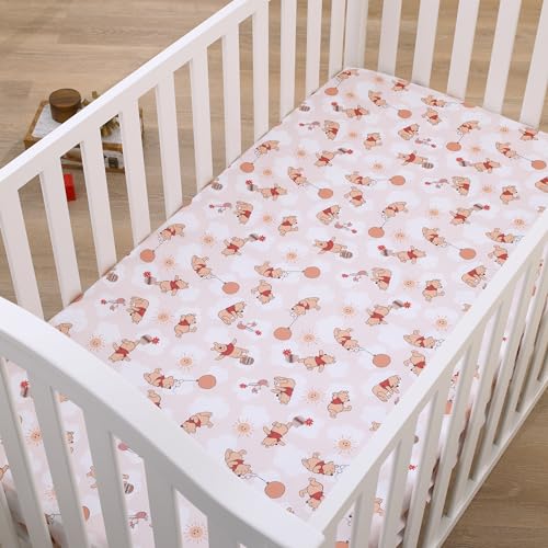 Image of NoJo Disney Winnie The Pooh Tan, Red, and White Piglet, Balloons, and Hunny Pots Super Soft Nursery Fitted Crib Sheet