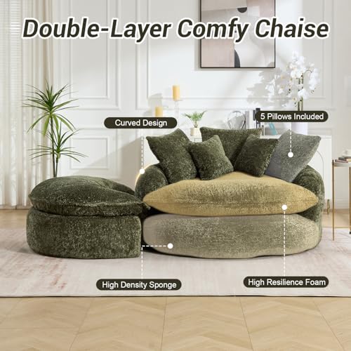 Image of 54 inch Round Chaise Lounge with Ottoman Big Bean Bag Round Sofa Bed Oversized Round Couch Boneless Reading Chair Comfy Plush Chenille Large Chaise Chair for Living Room, Apartment, Green