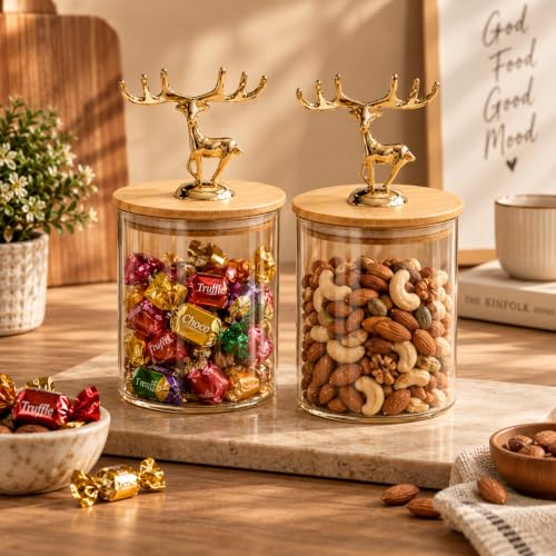 Image of bellemax 500ML Smoky Brown Glass Storage Jar with Airtight Bamboo Lid | Decorative Kitchen Storage Containers for Dry Fruits, Cookies, Candy, Snacks, Coffee, Tea, Sugar & Spices Set of 2