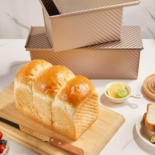 KITESSENSU Pullman Loaf Pan with Lid, 1 lb Dough Capacity Non-Stick Bakeware for Baking Bread, Carbon Steel Corrugated Bread Toast Box Mold with Cover for Baking Bread, Gold - Image 3